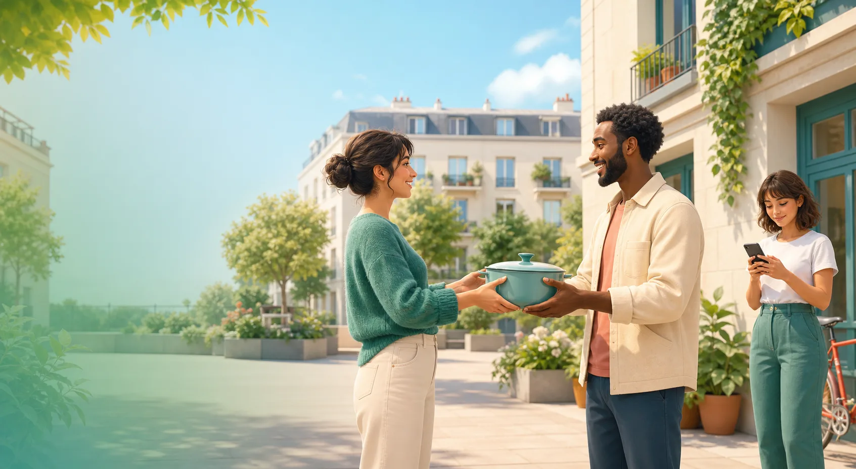 Des voisins échangent un objet dans leur quartier